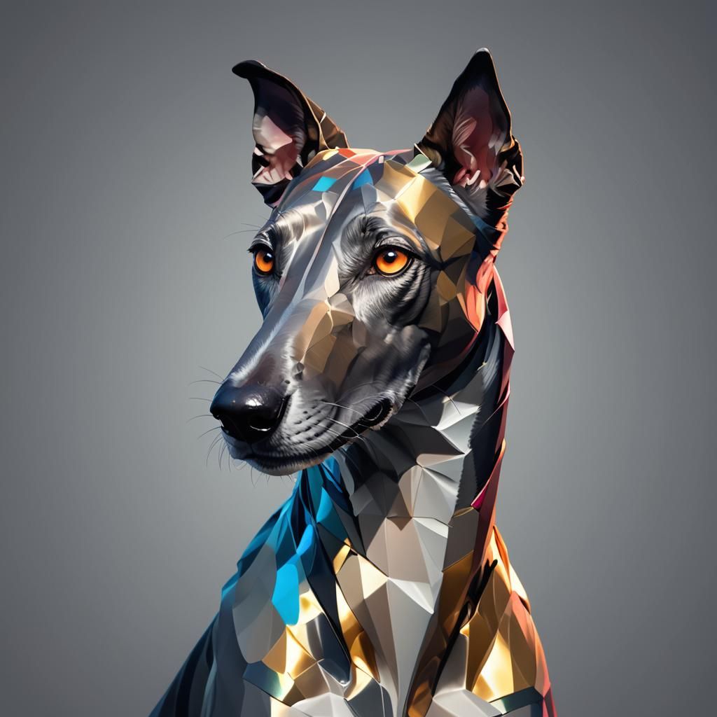 Low-Poly Greyhound Portrait with Metallic Details