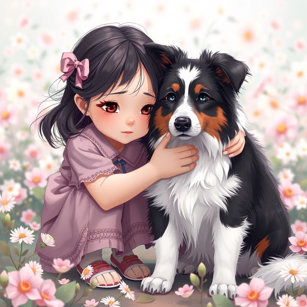 Adorable Girl Embraces Border Collie in Pastel Floral Scene
