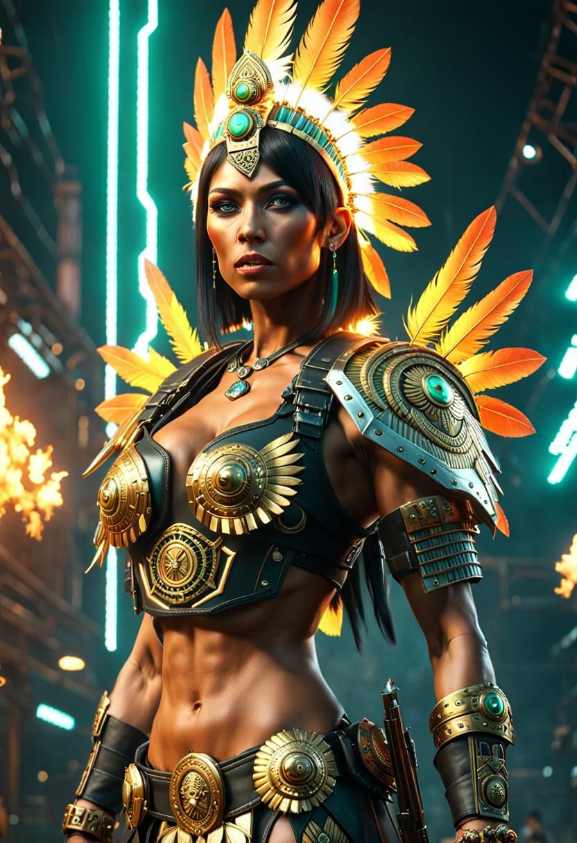 Aztec Warrior Woman with Flaming Sword in Cyberpunk Style