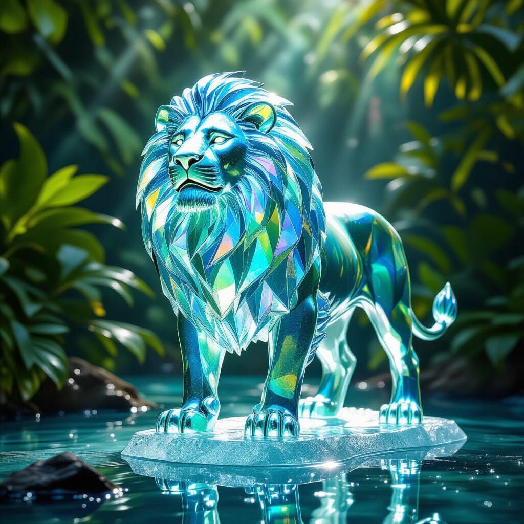 Sea Glass Lion Sculpture in Crystallized Jungle