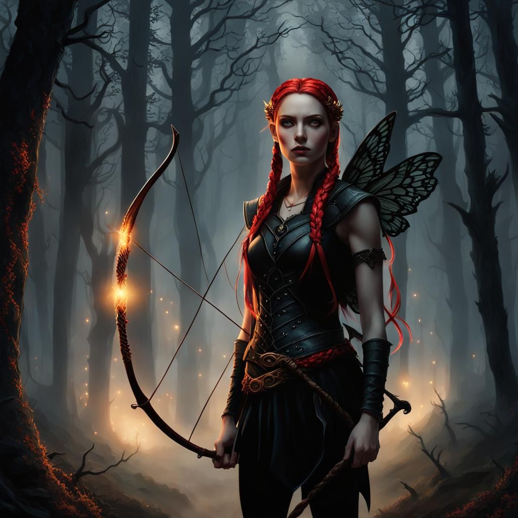 Fairy Girl with Longbow in Dark Forest