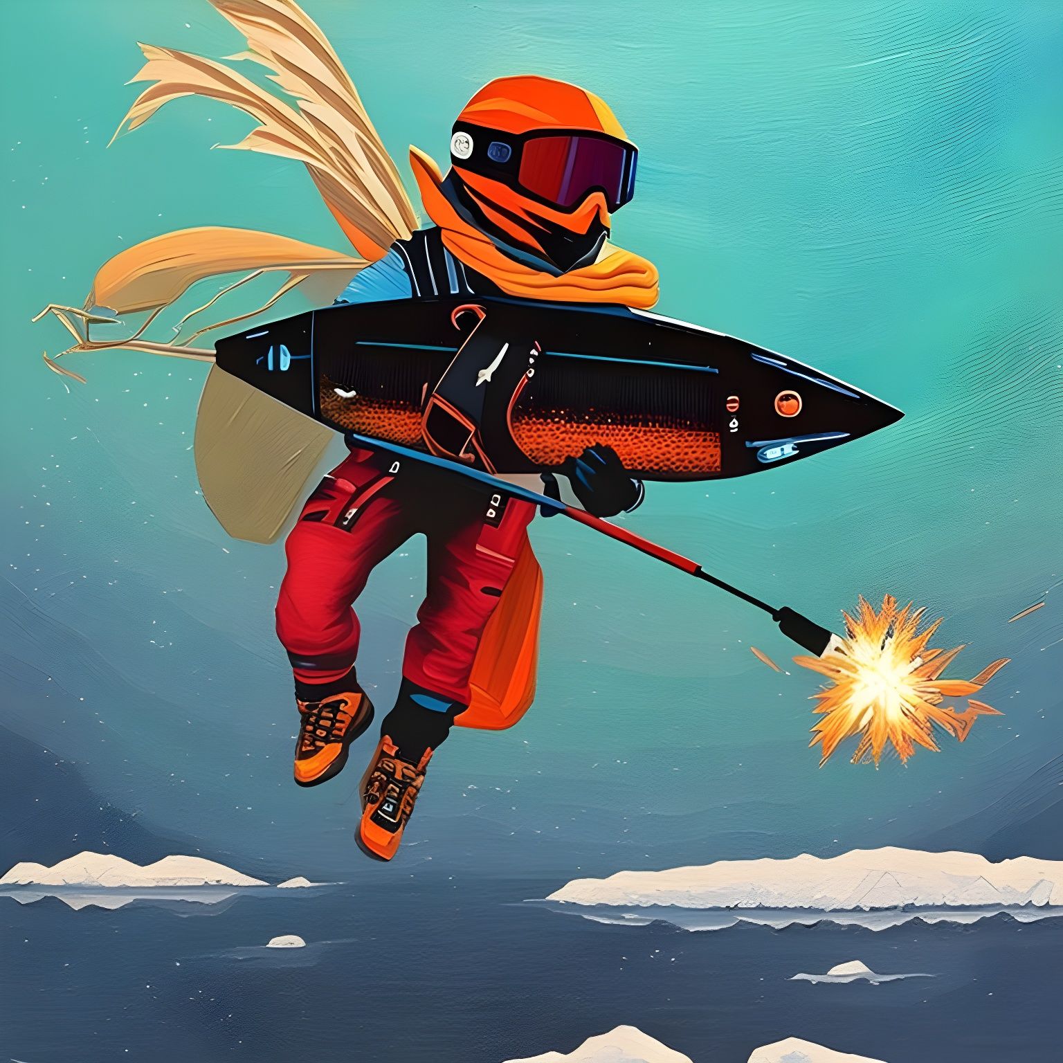 Cyberpunk Fish Snowboarding with Water Glass
