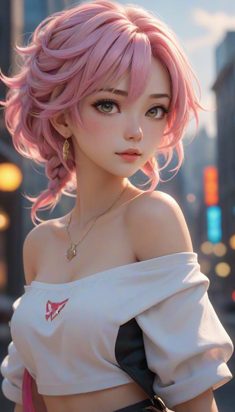 Anime Gamer Portrait in Cityscape, Genshin Impact Style