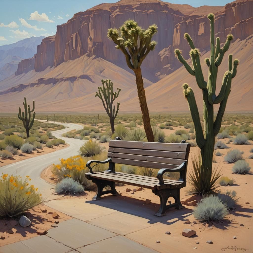 Park bench on desert highway