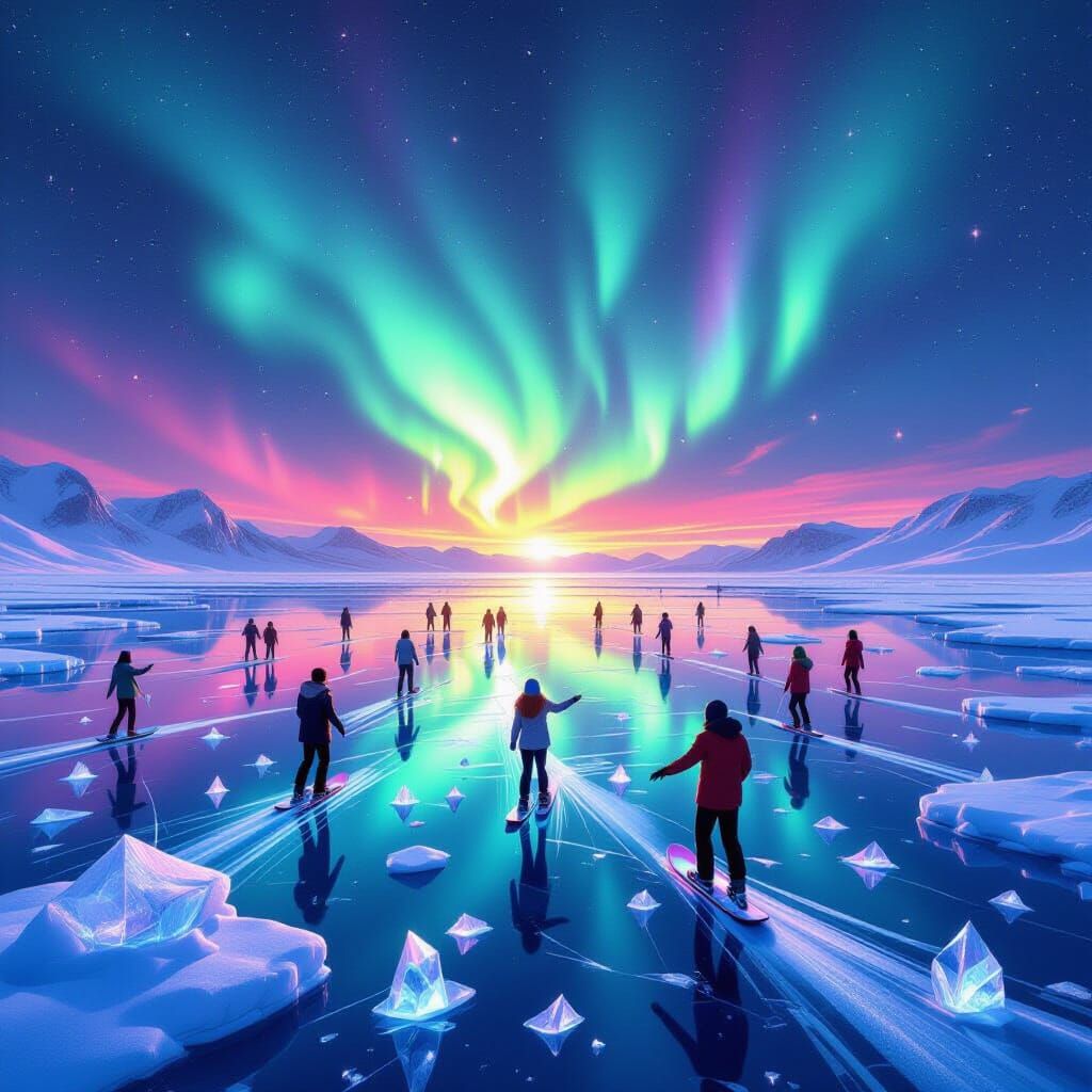 Party People Skate on Ice Petals Under Vibrant Aurora
