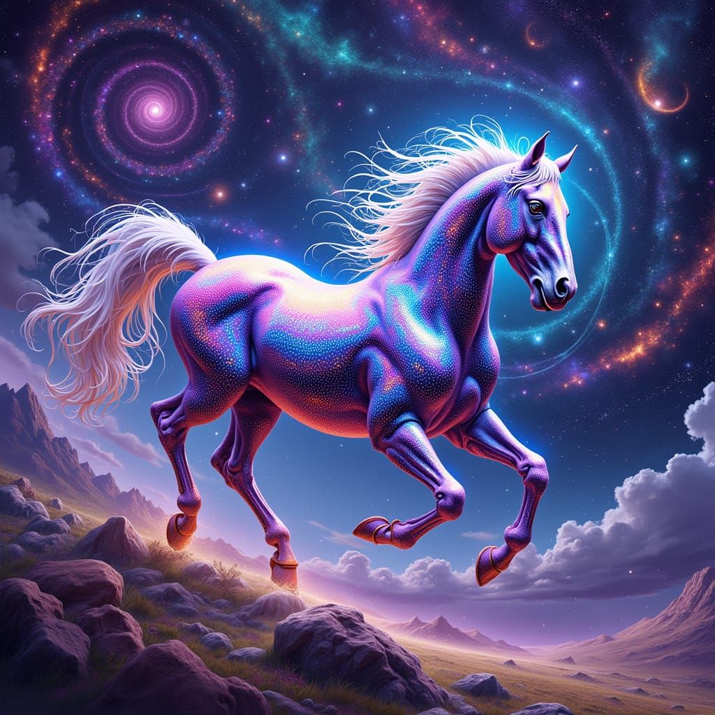Cybernetic Horse Gallops Through Vibrant Cosmic Galaxy