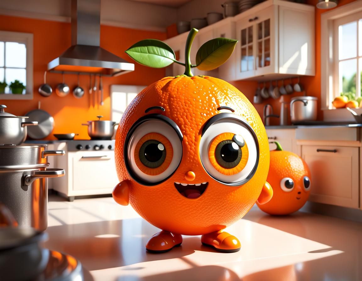Adorable Chibi Orange Character in Hyperreal Kitchen