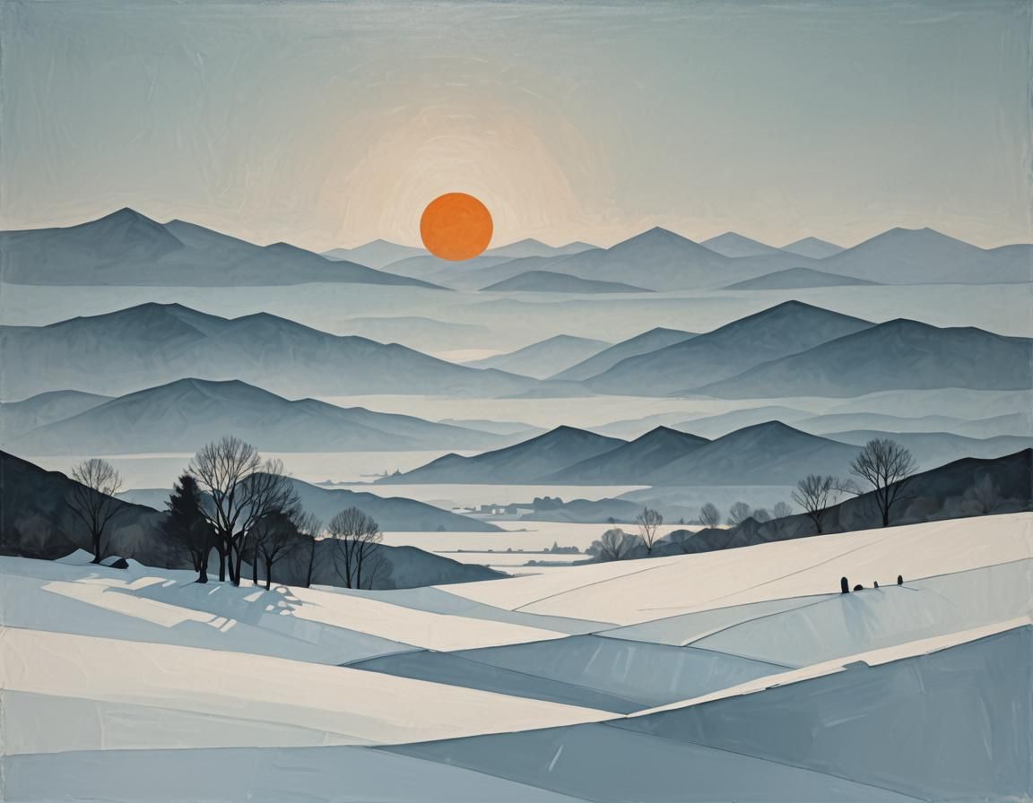 Minimalist Geometric Winter Landscape with Orange Sun