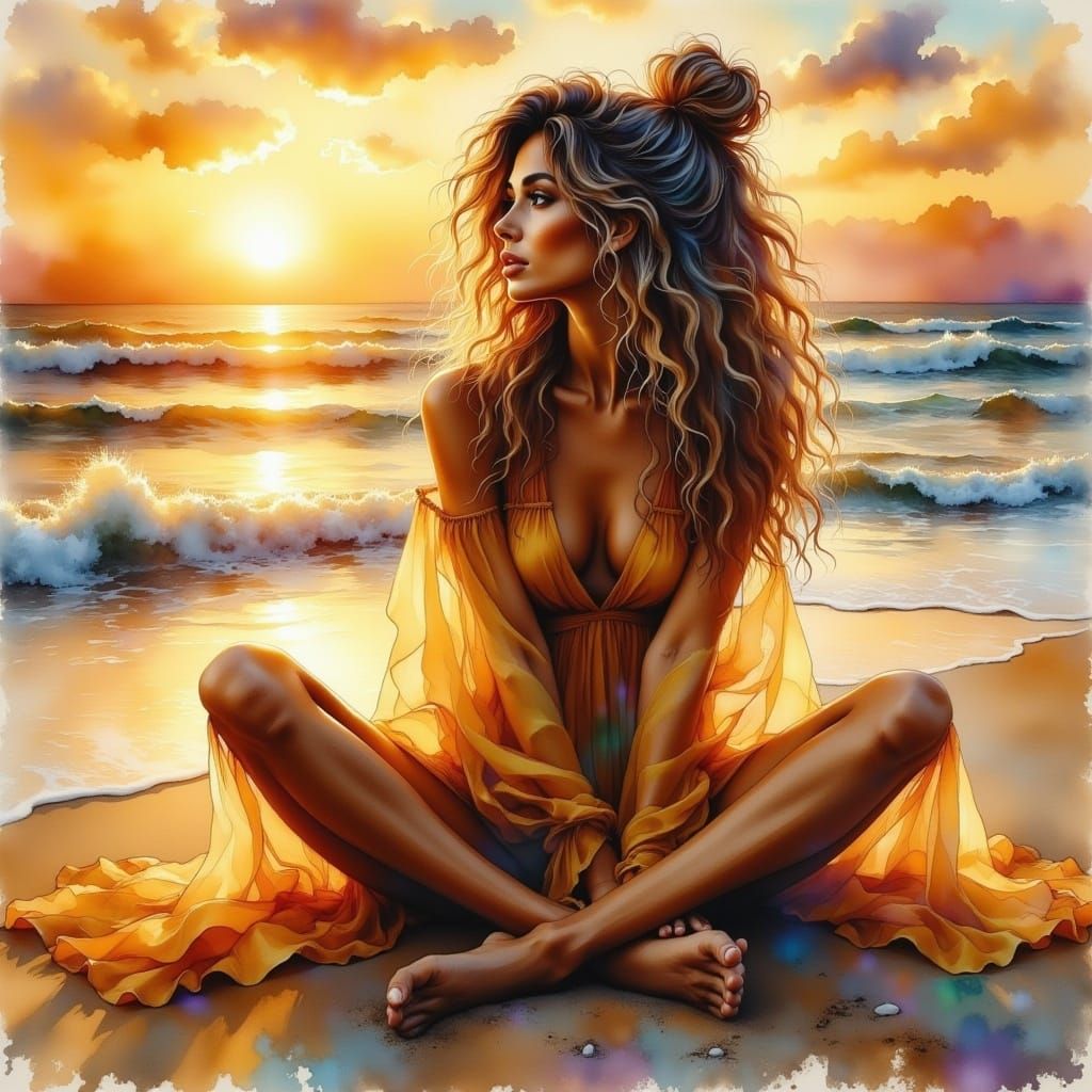 Woman Watching Sunset in Watercolor Style