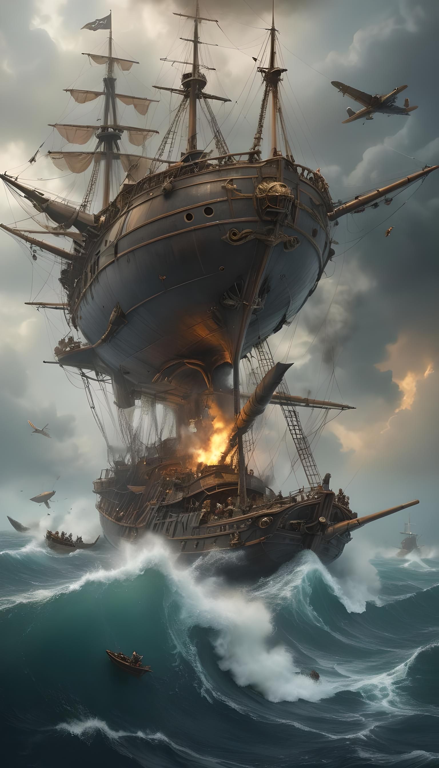 Steampunk Pirate Ship Attacked by Zeppelin Airship