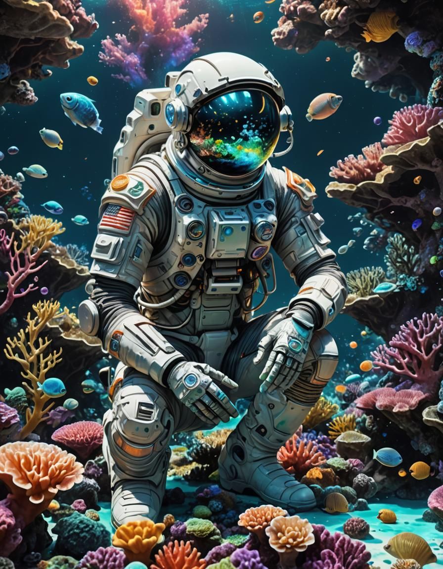 Oceanic Astronaut Meditating in Space: Digital Art