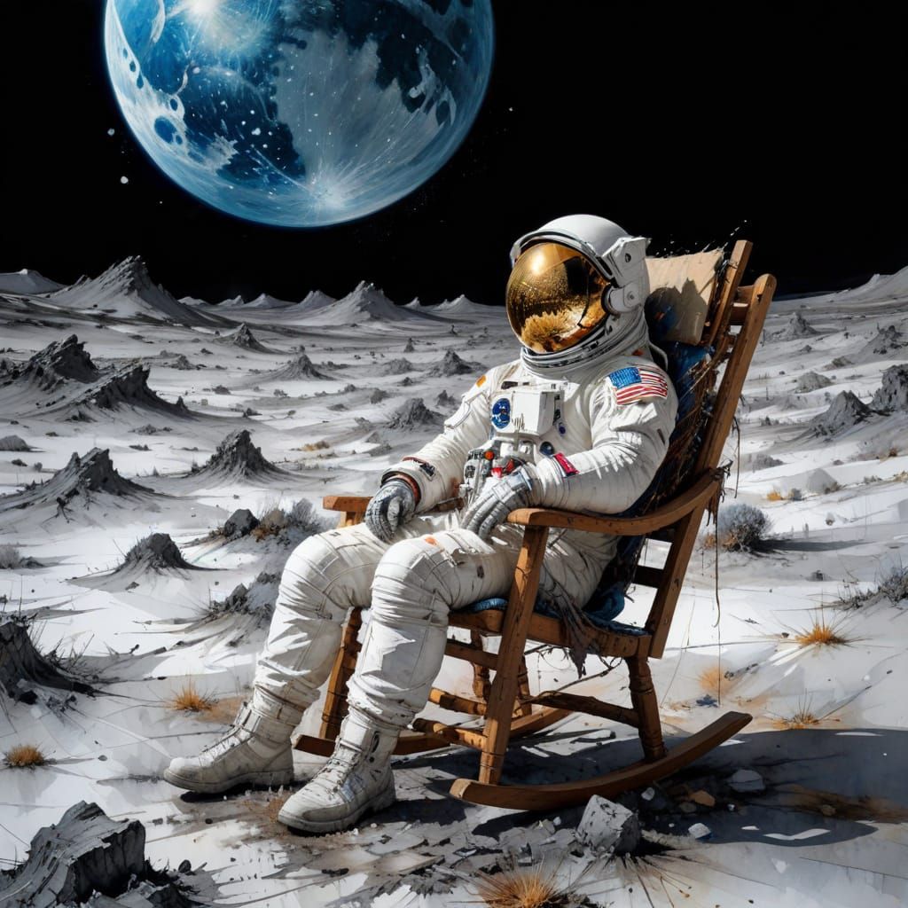 Astronaut in Rocking Chair Contemplates Earth-Rise: Watercol...