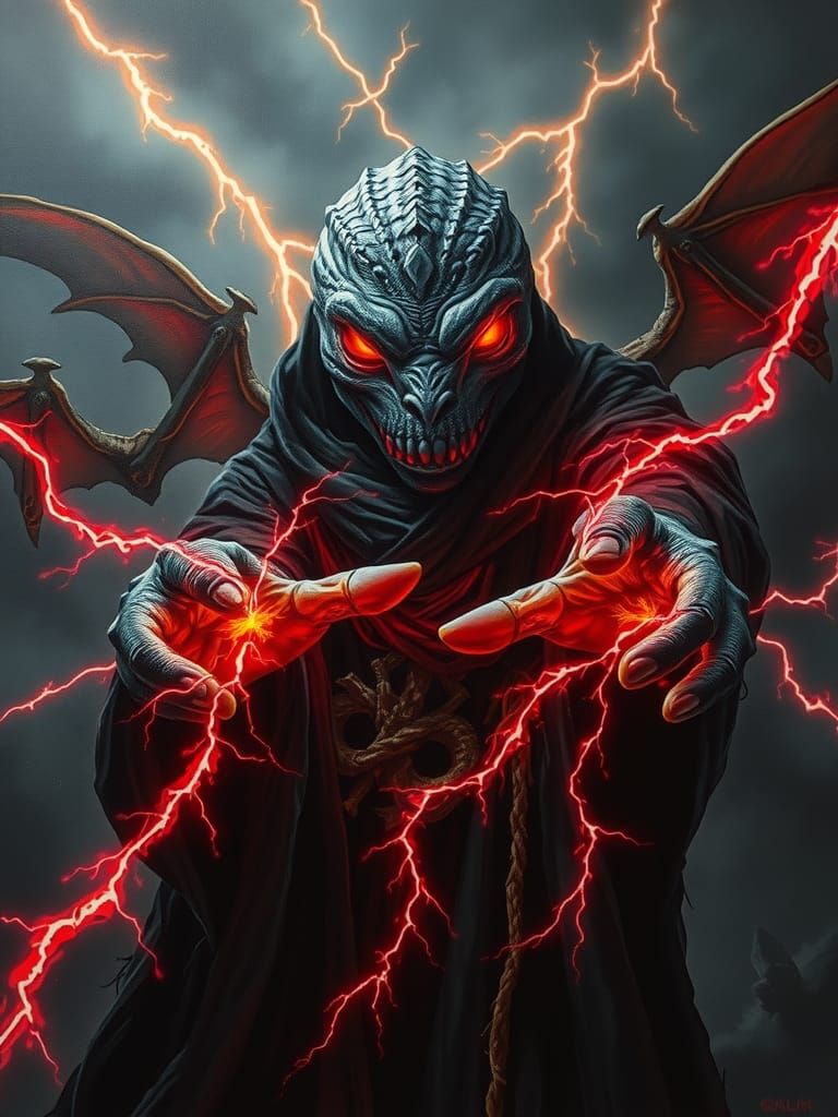 Reptilian Dark Mage Casts Lightning Spell