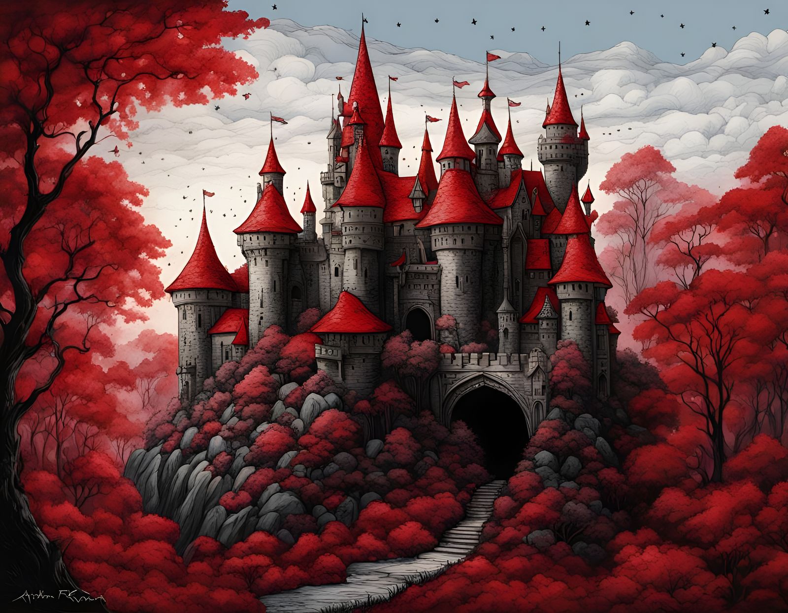 Red fantasy fairy castle, Whimsical red fantasy enchanted fo...