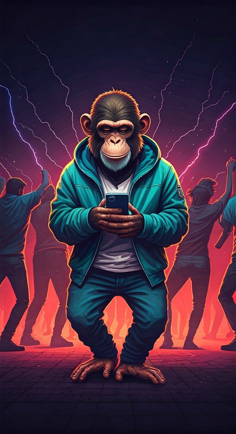 Trendy Monkey Dancing with Phone in Murakami Style