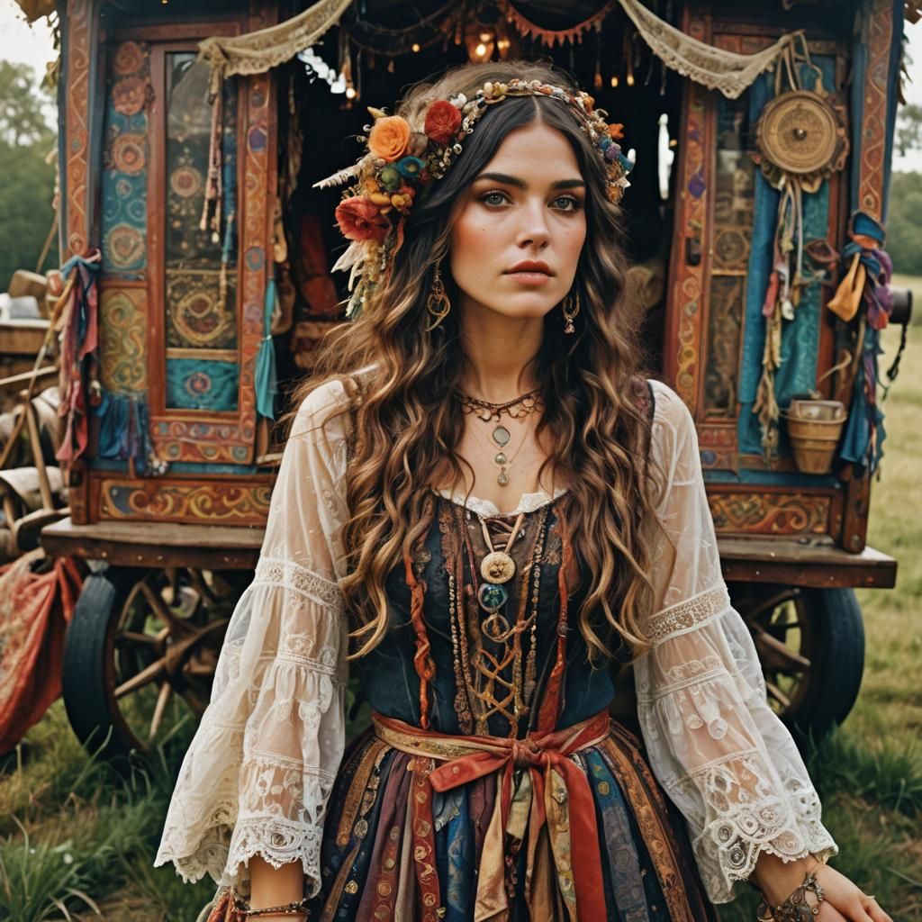 Boho Gypsy Girl Portrait in Hyperrealistic Style