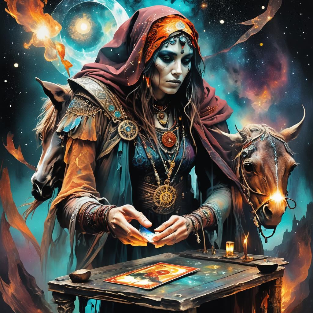 Gothic Fortune Teller Draws Hermit Tarot Card