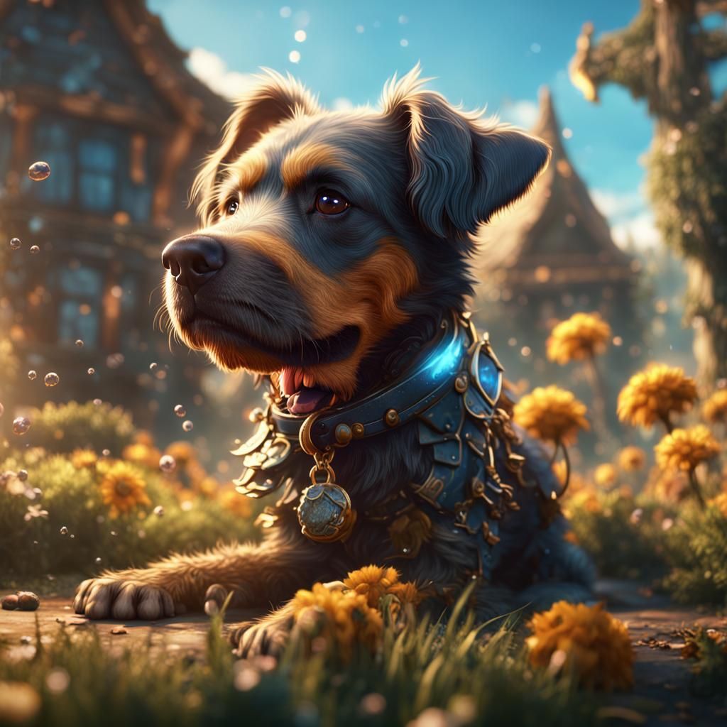 Cute Dog Crying in Sunshine: Detailed Matte Painting
