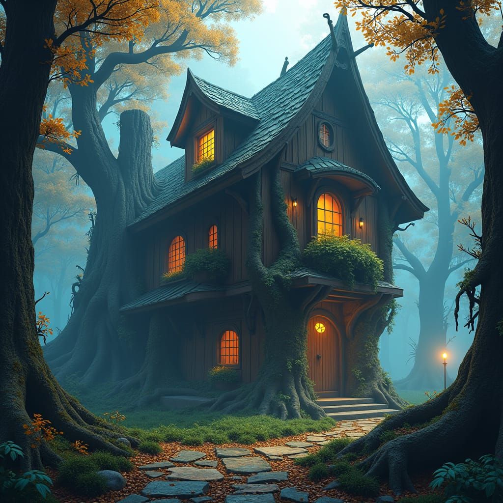 Mystical Forest House in Matte Painting Style