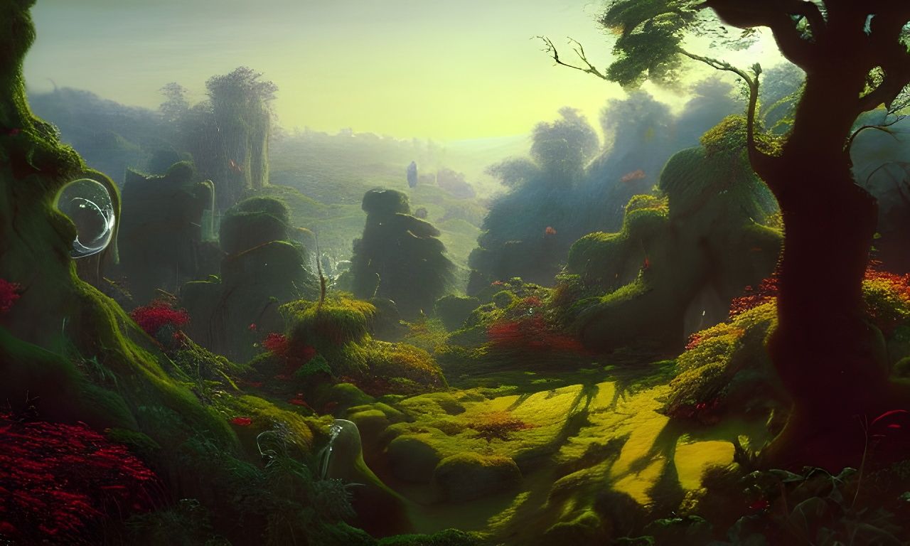 Overgrown Fantasy Landscape Painting in Hyperrealism Style