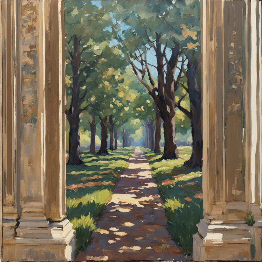 Naive Oil Painting of a Beautiful Tree-Lined Avenue