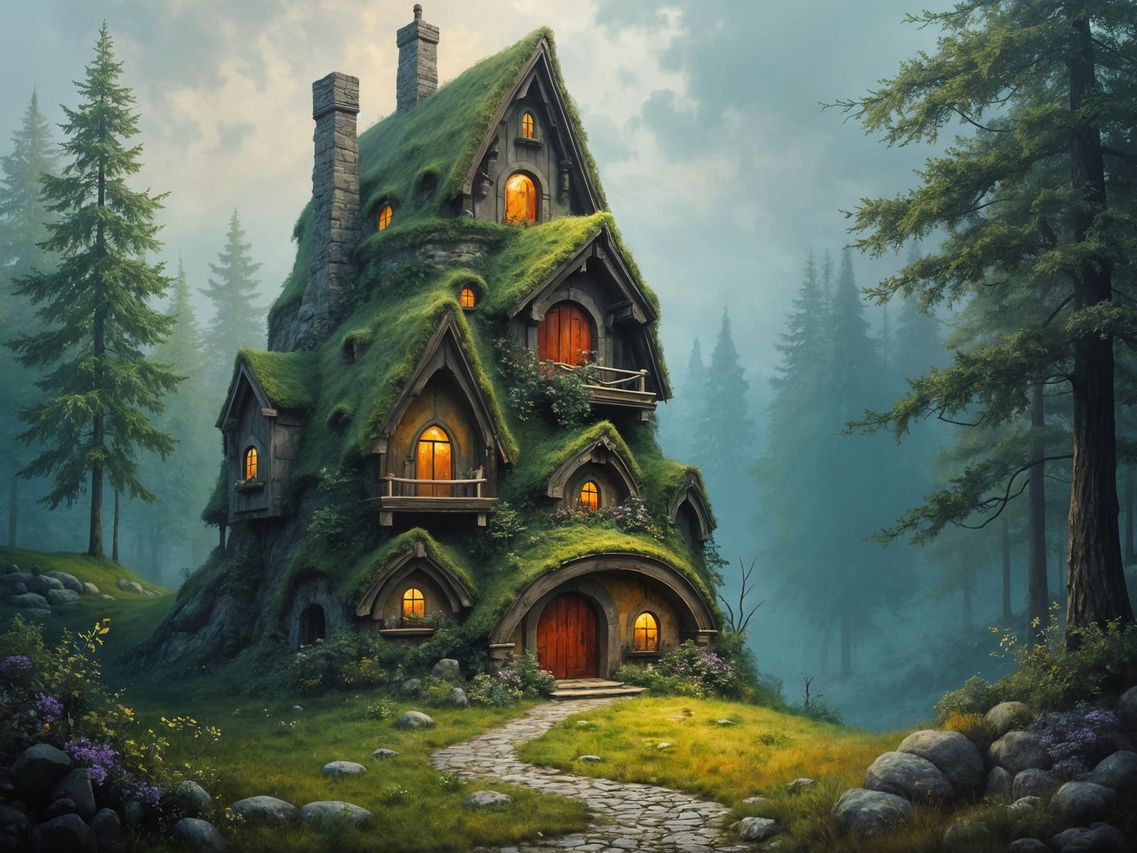 Epic Hobbit Home in Dramatic Neo-Expressionist Style