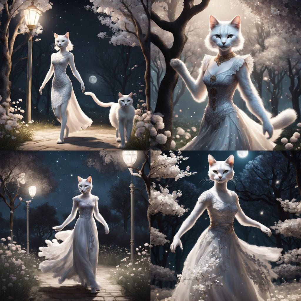 Ethereal Feline Goddess in Moonlit Forest