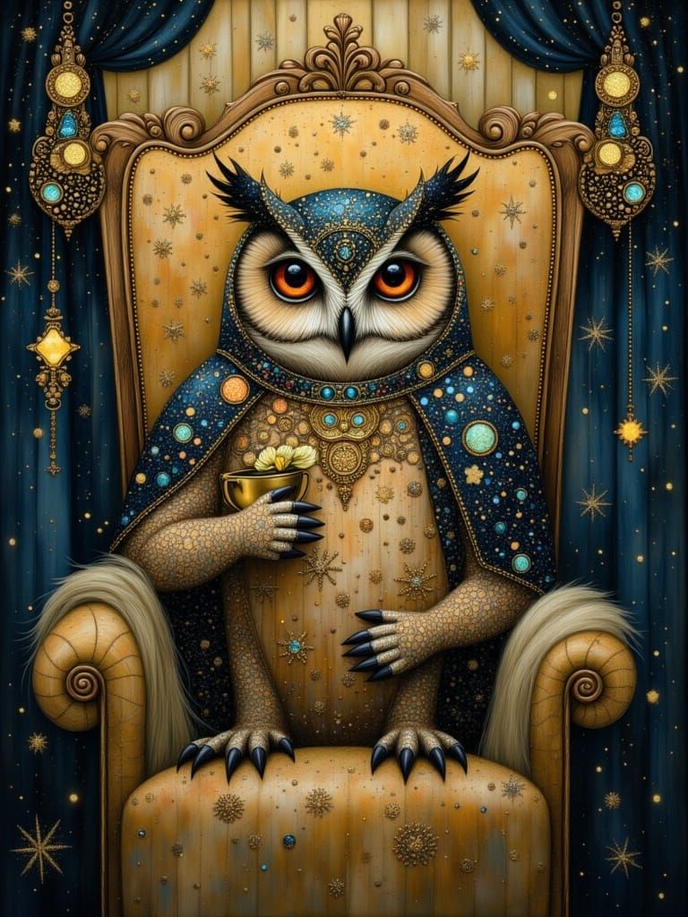 Enigmatic Owl Queen in Ornate Robes, Surrounded by Velvet Dr...