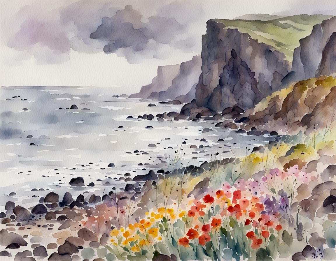 Impressionistic Watercolour of Stormy Cliffs and Flowers