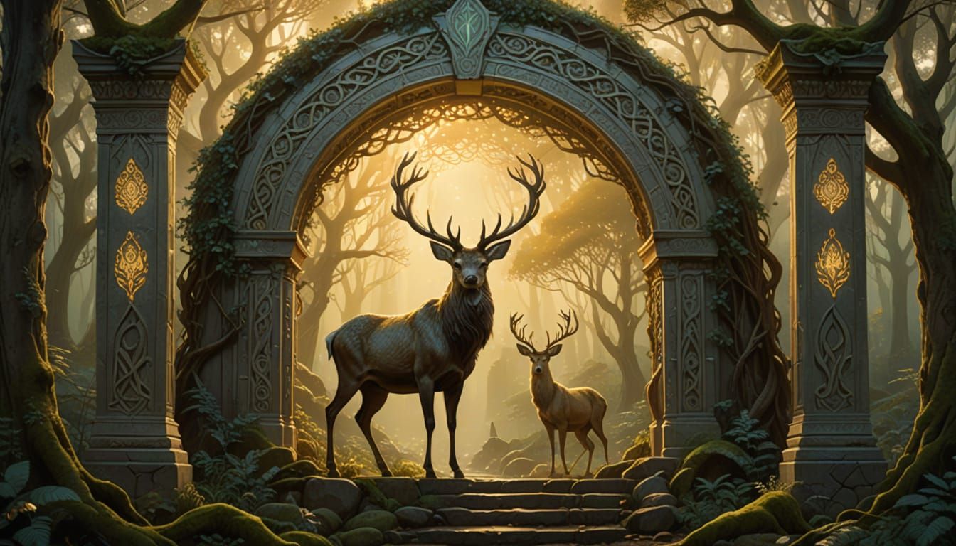 Golden Stags Guarding Celtic Portal in Forest