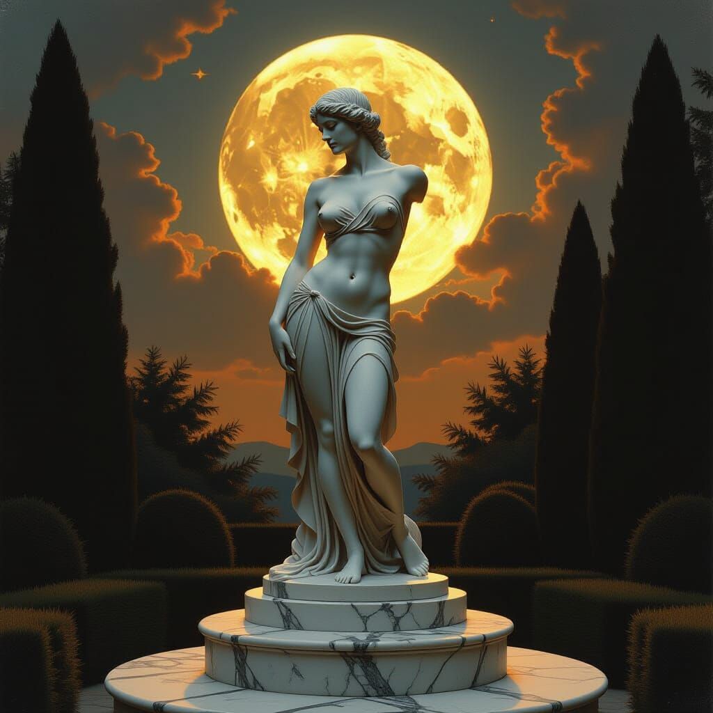 Marble Statue Awakens in Moonlit Garden