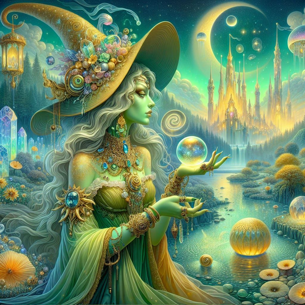 Mystical Green Witch Portrait in Surreal Landscape