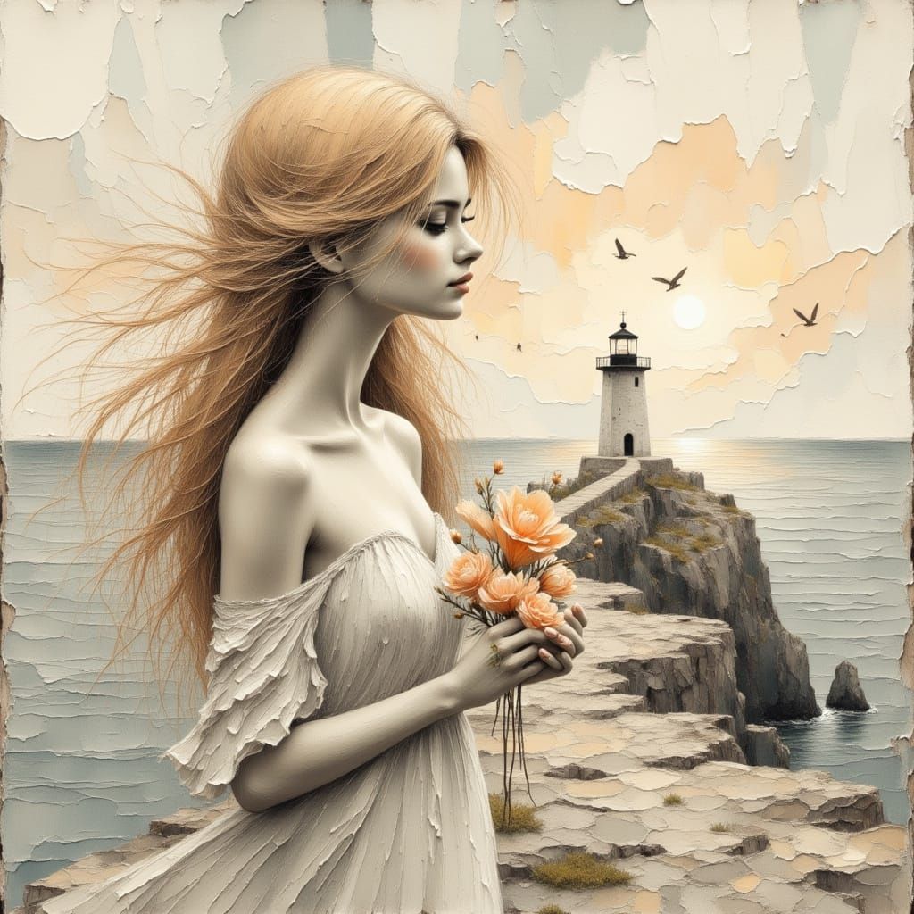Ethereal Woman by Lighthouse in Pastel Tones