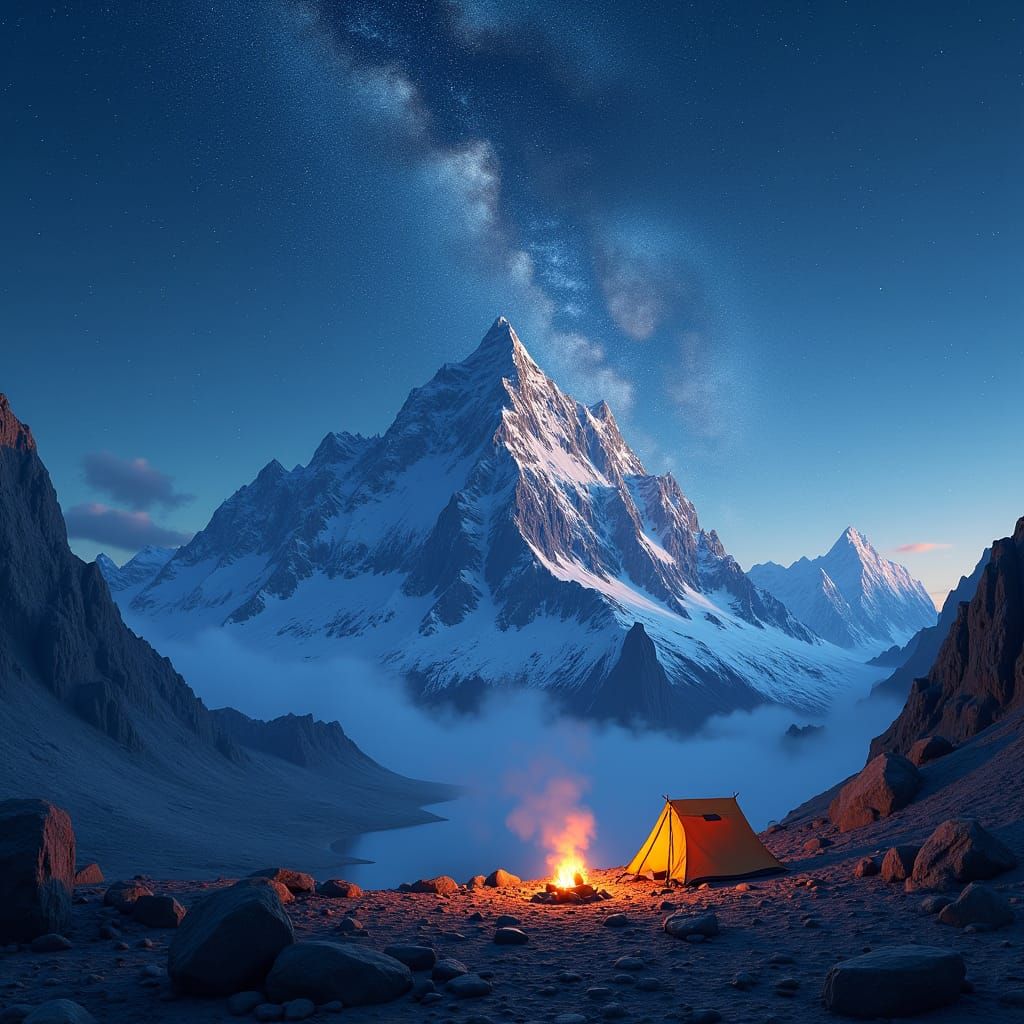 Majestic Snow Mountains Under Starry Night Sky