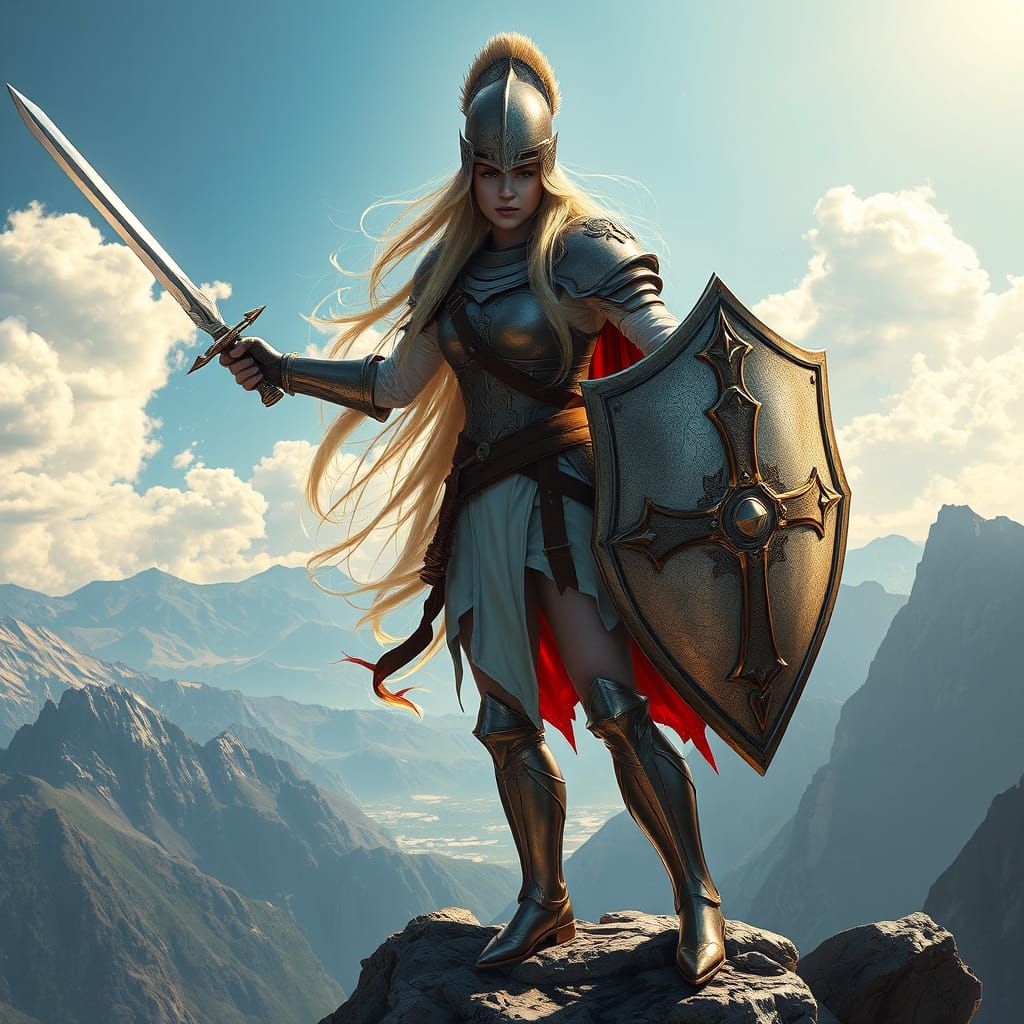 Warrior on Mountaintop in Oil Painting Style