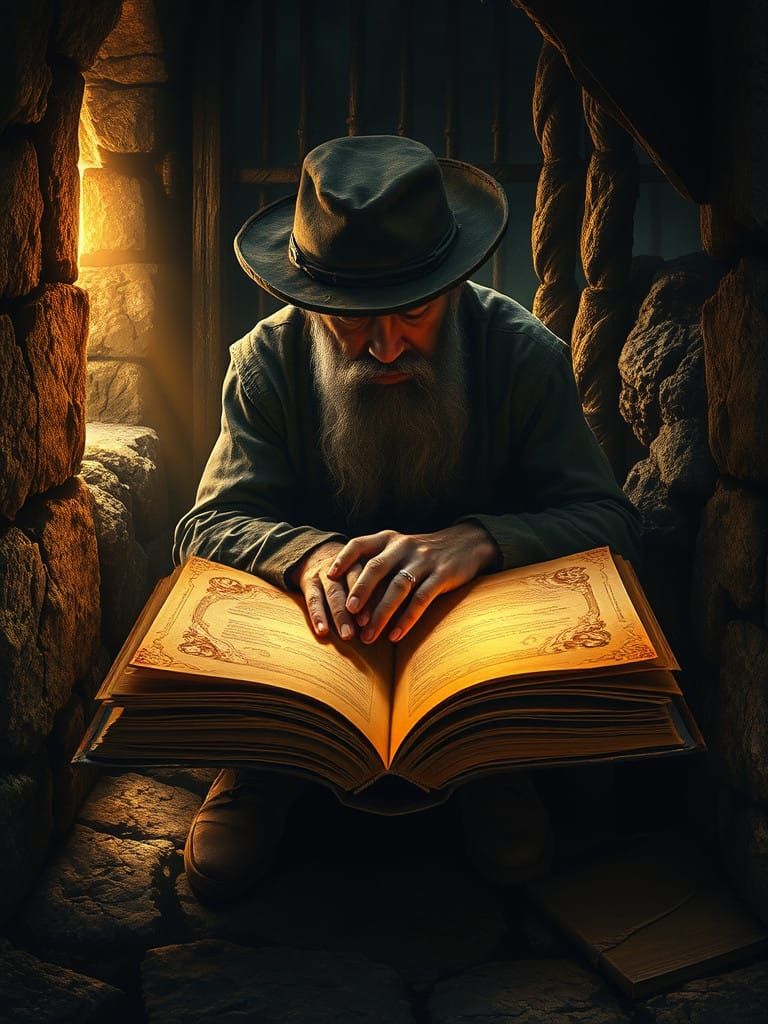 Mystical Cell with Ancient Tomes and Golden Light