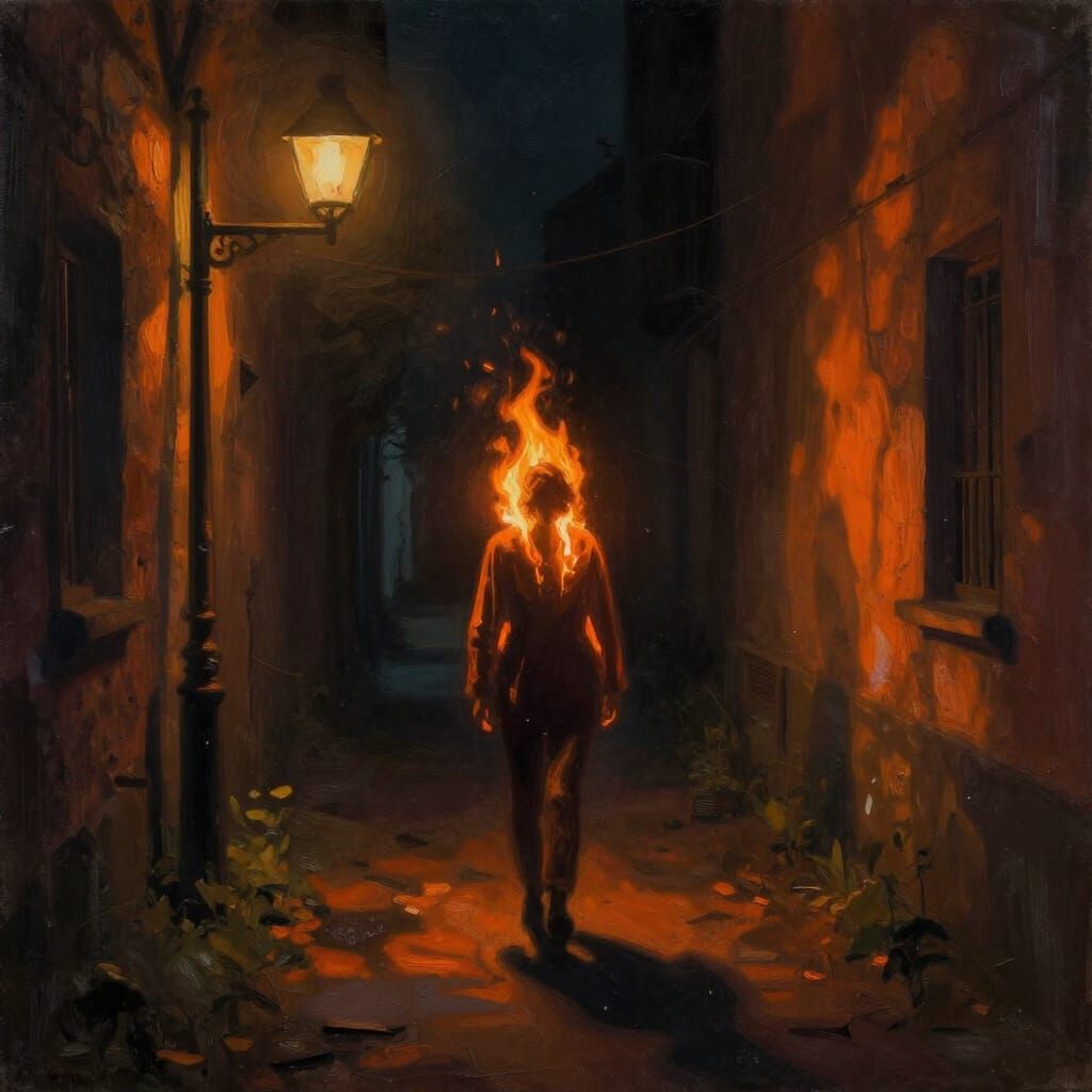 Dark Alleyway Scene With Figure Ablaze Under Lamplight