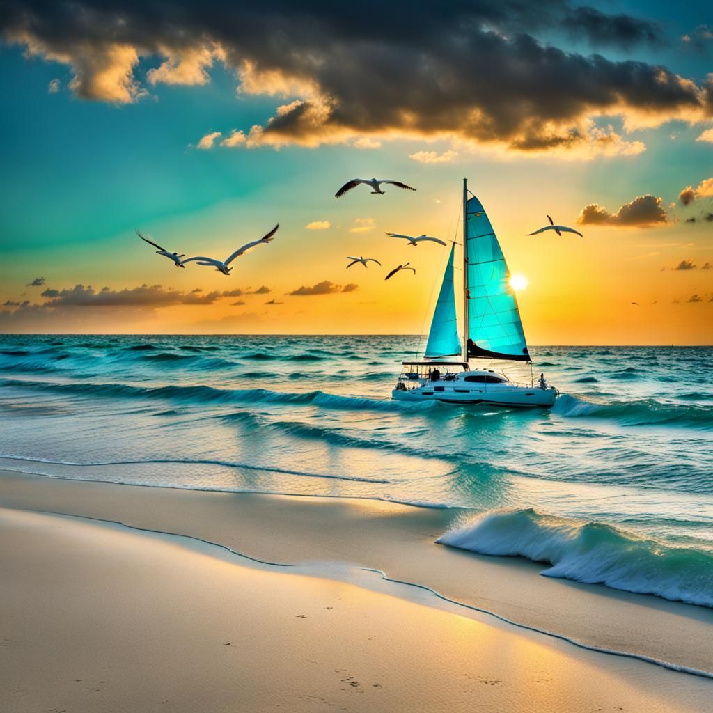 Turquoise Beach Sunset with Catamaran: Hyperrealistic Image