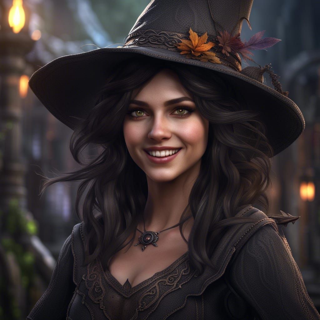 Pretty Witch with Dark Hair, Detailed Digital Painting