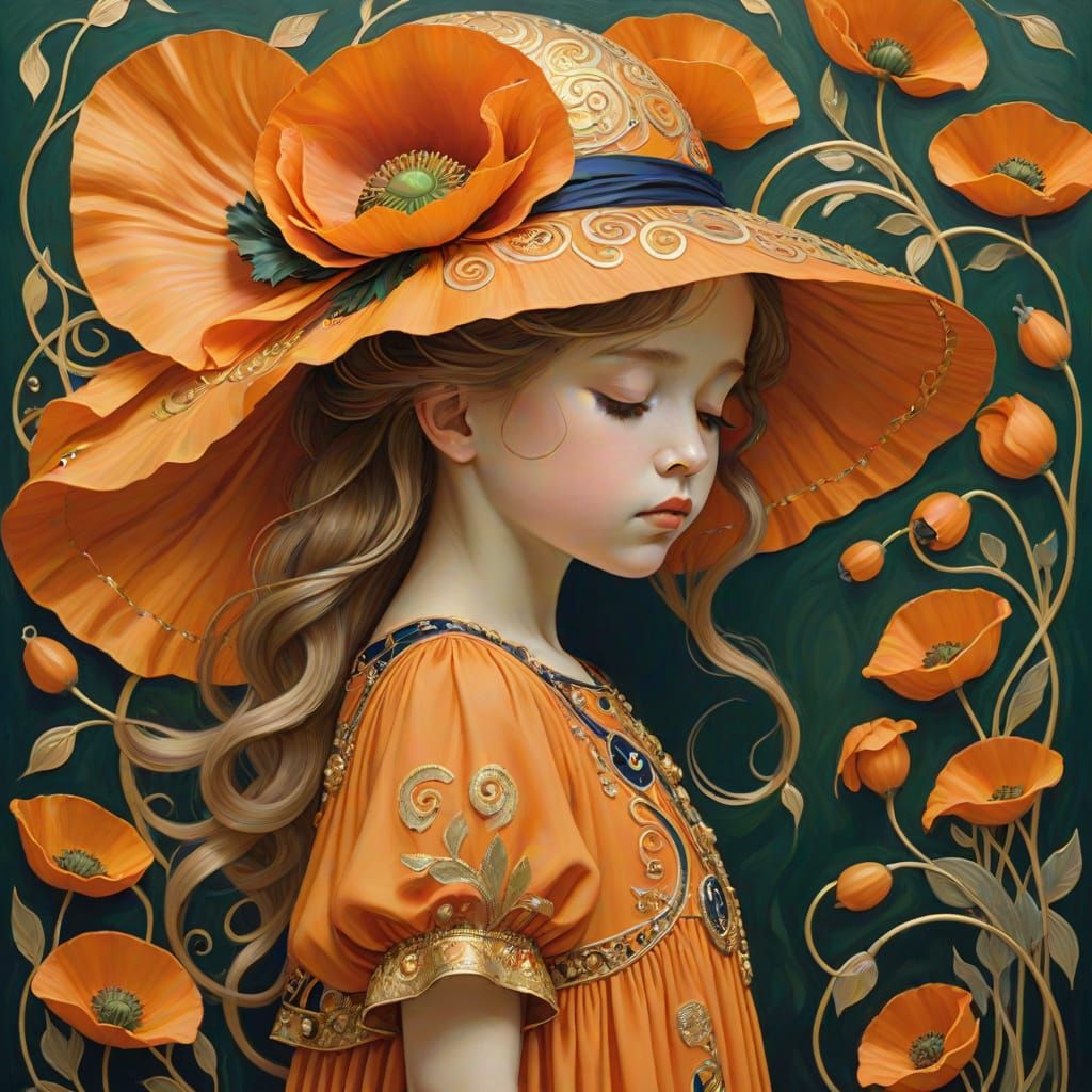 Elegant Girl in Orange Dress Under Golden Poppy