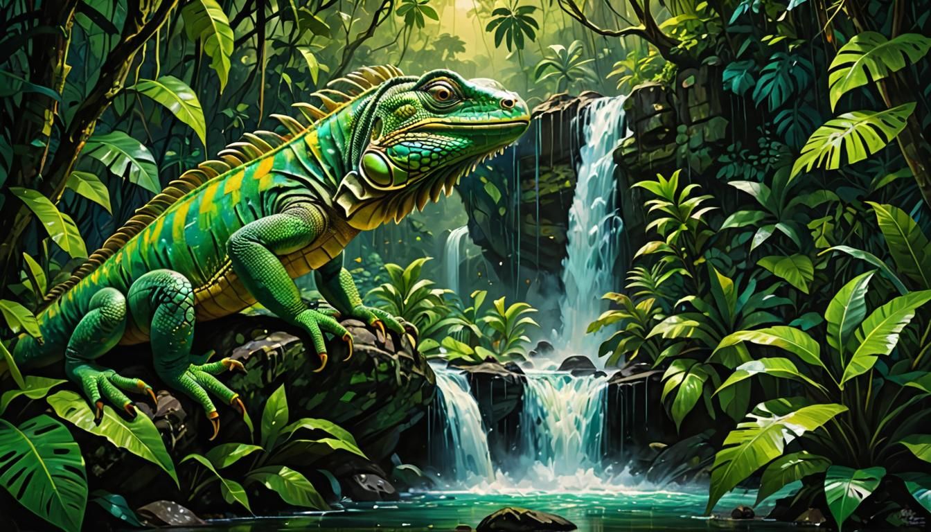 amazon jungle waterfall with Green Iguana