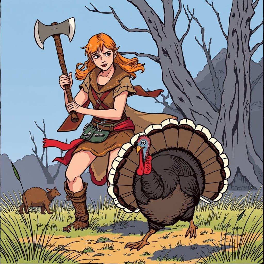 Young Woman Chases Turkey in a Futuristic Landscape