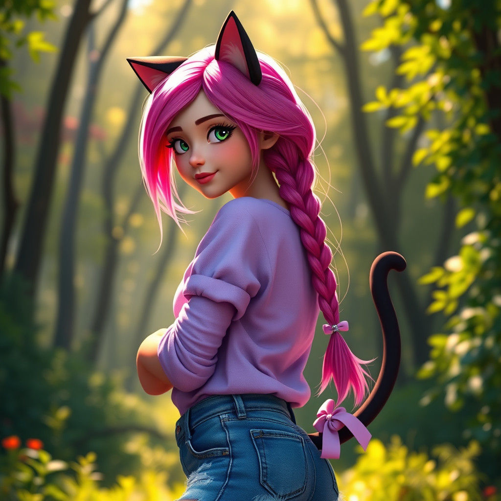 Girl with Cat Features in Fantasy Forest