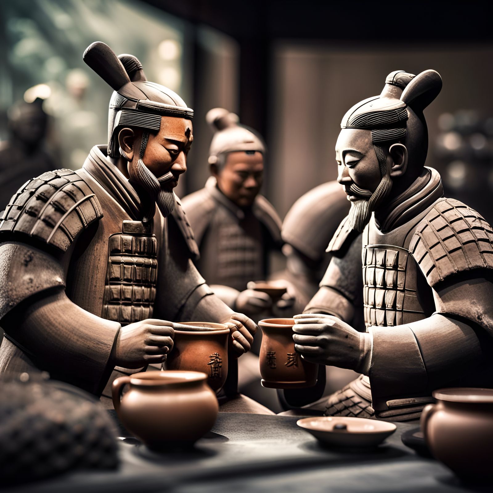 Terracotta Warriors Tea Time: Hyperrealistic Image
