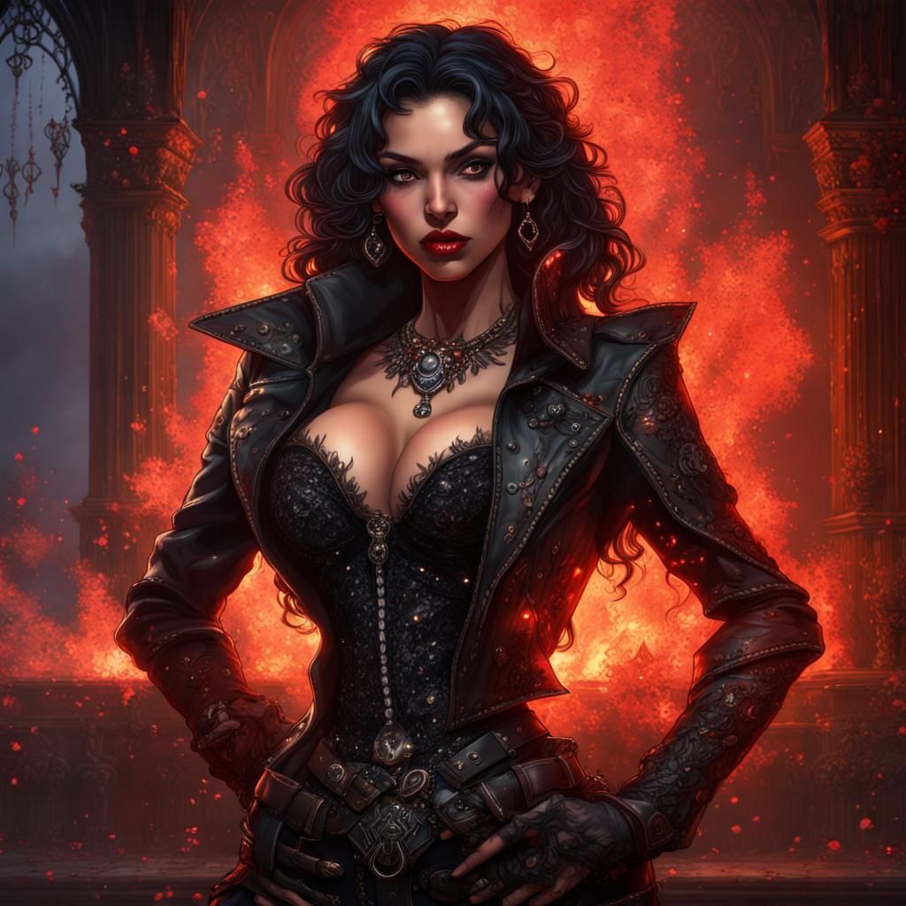 Gothic Latina Princess in Firelight, Detailed Digital Art