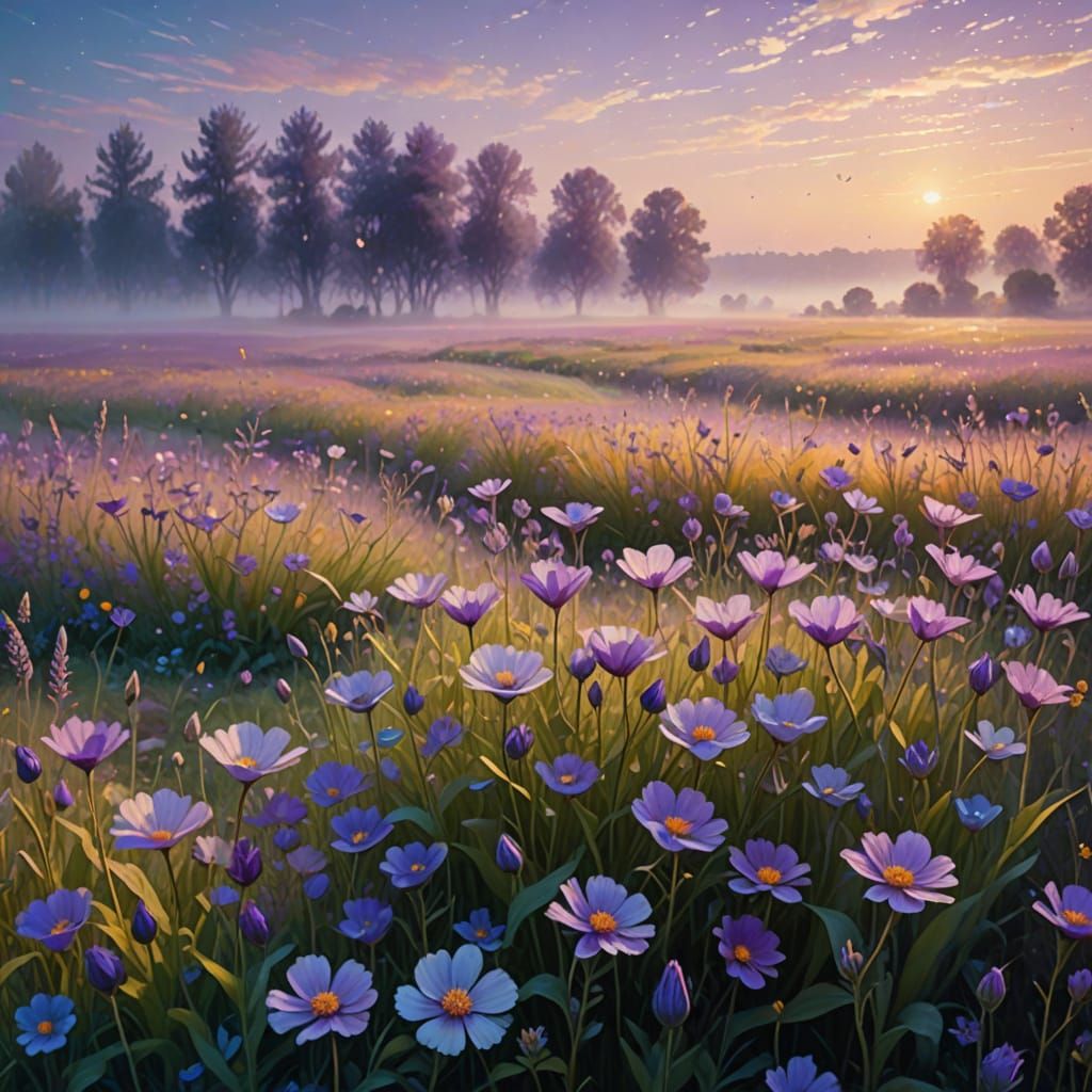 Dreamy Impressionist Landscape with Blooming Flowers