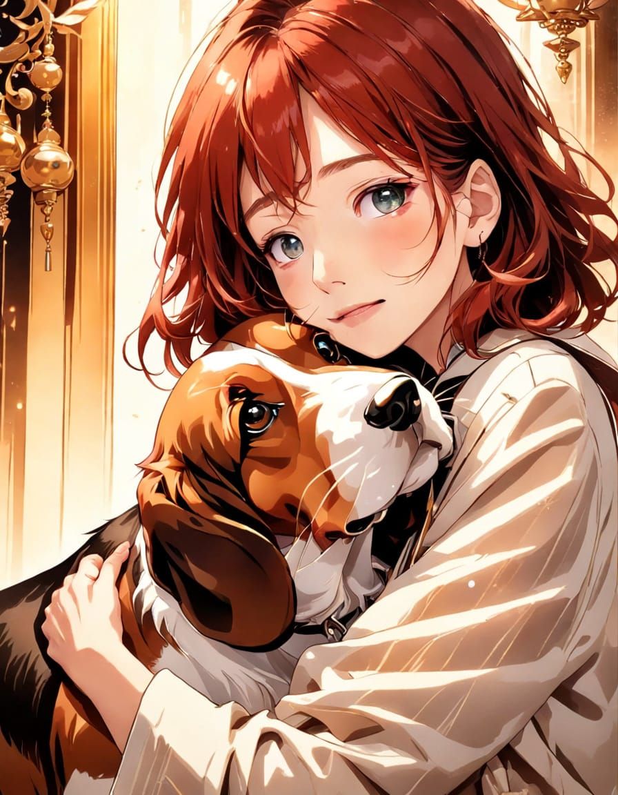 Anime Basset Hound Cuddled by Woman in Soft Light