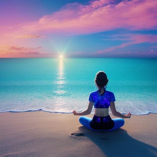 Meditating Woman on Beach, Cosmic Illustration