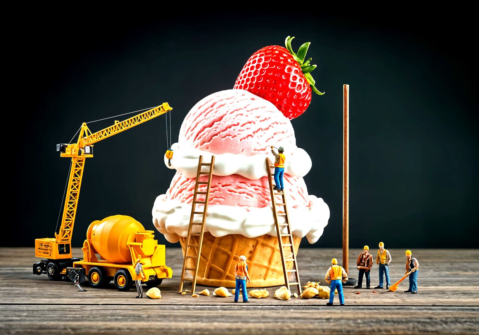 Miniature Workers Constructing a Giant Ice Cream