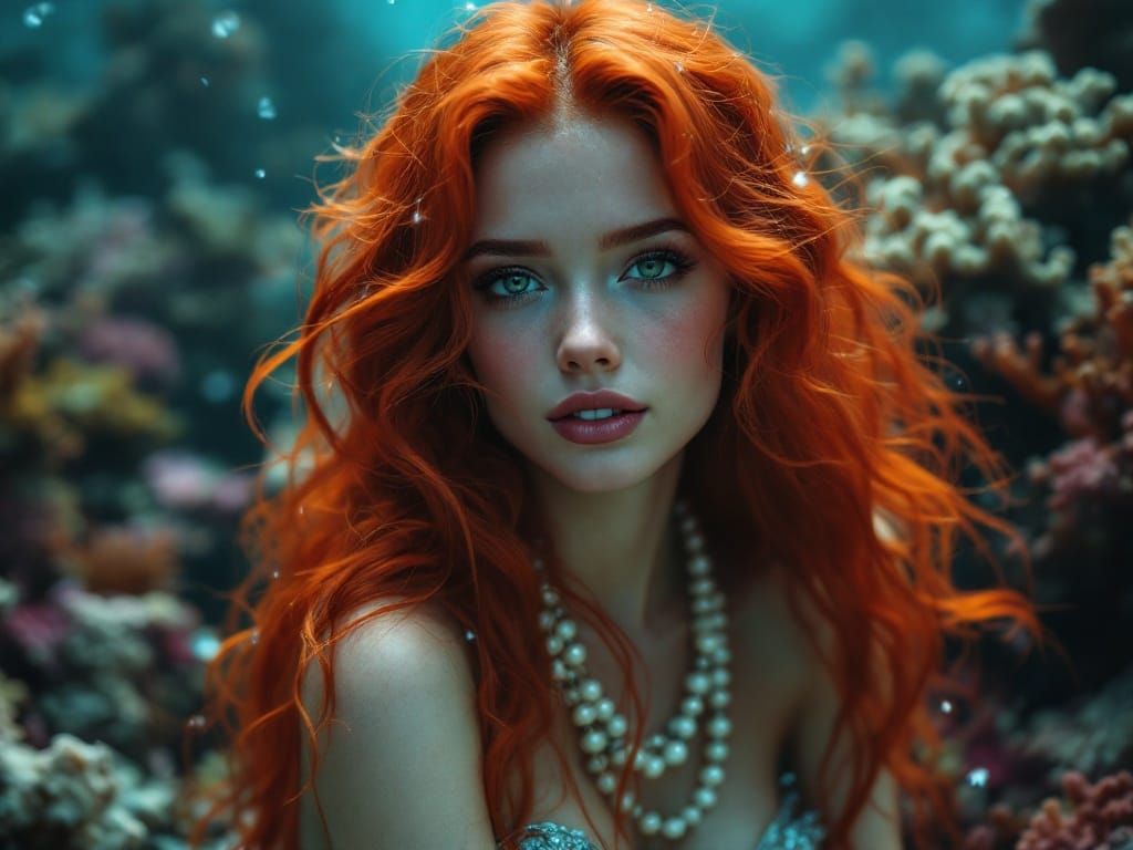 Breathtaking Redhaired Mermaid in Vibrant Coral Reef